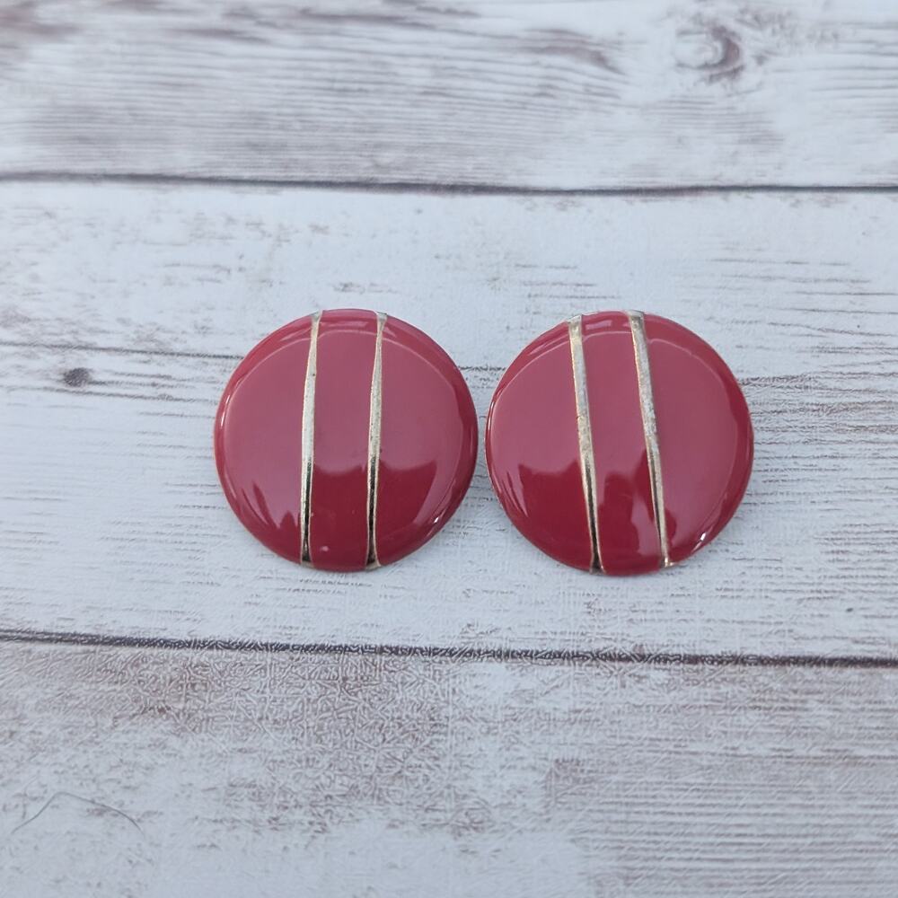 Vintage Earrings for Pierced Ears Red Circle with Gold Tone Stripes 1"